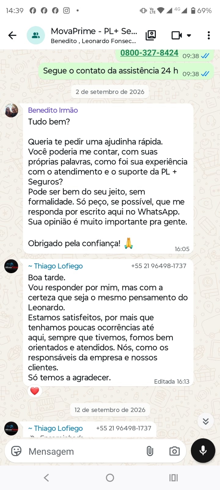 Depoimento de cliente da PL + Seguros no WhatsApp
