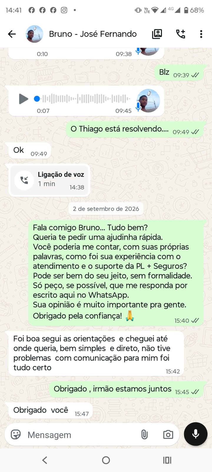 Depoimento de cliente da PL + Seguros no WhatsApp