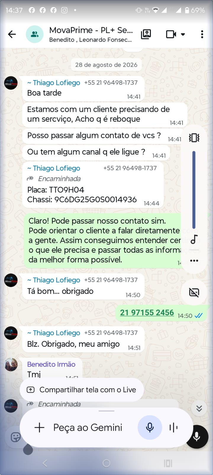 Depoimento de cliente da PL + Seguros no WhatsApp
