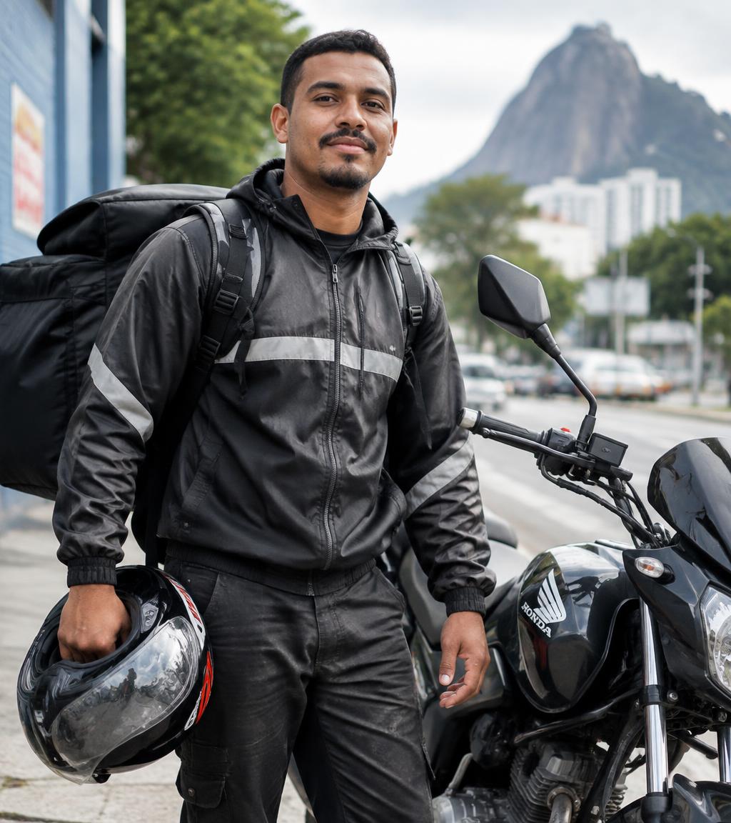 Motoboy brasileiro ao lado da sua moto em uma rua da cidade